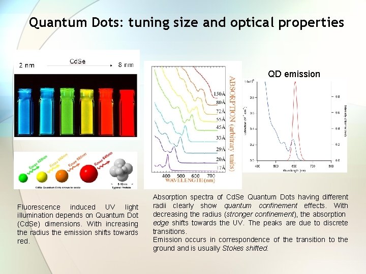 Quantum Dots: tuning size and optical properties QD emission Fluorescence induced UV light illumination