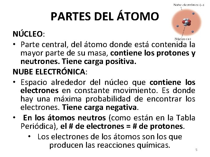 PARTES DEL ÁTOMO NÚCLEO: • Parte central, del átomo donde está contenida la mayor