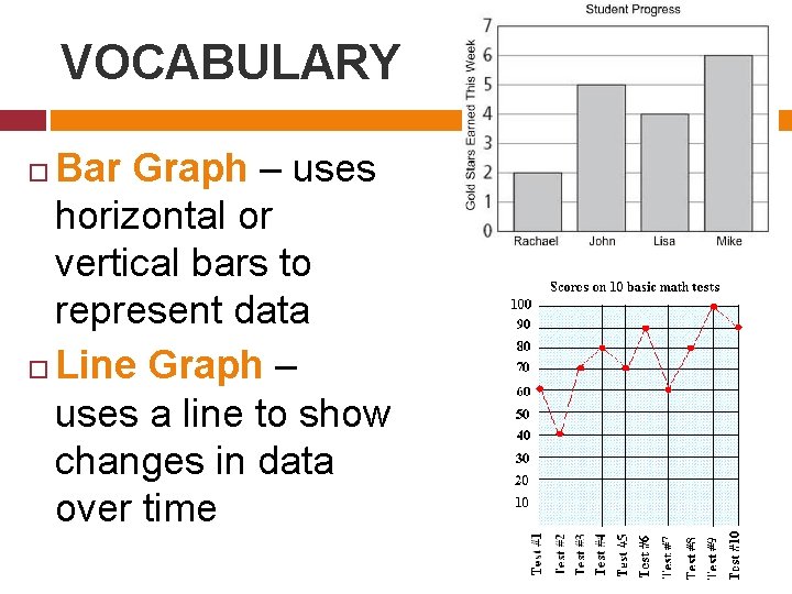 VOCABULARY Bar Graph – uses horizontal or vertical bars to represent data Line Graph