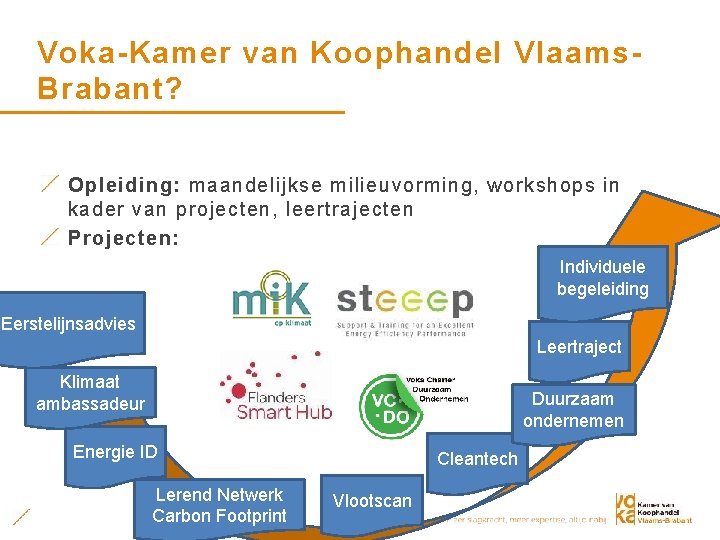 Voka-Kamer van Koophandel Vlaams. Brabant? Opleiding: maandelijkse milieuvorming, workshops in kader van projecten, leertrajecten