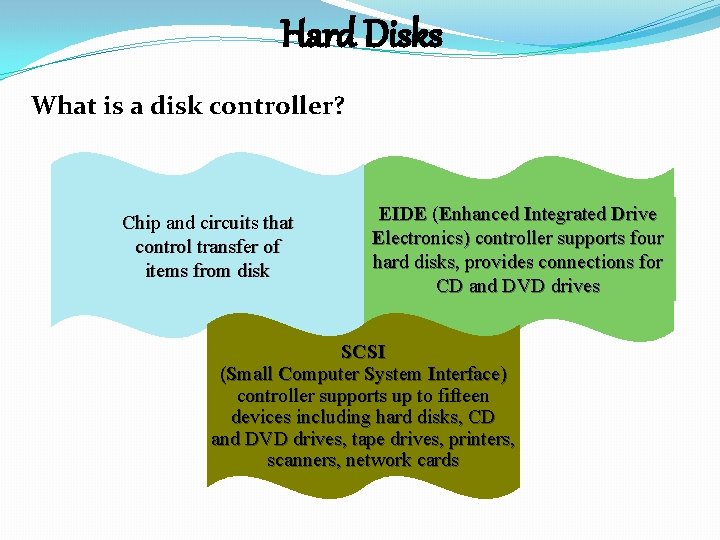 Hard Disks What is a disk controller? Chip and circuits that control transfer of