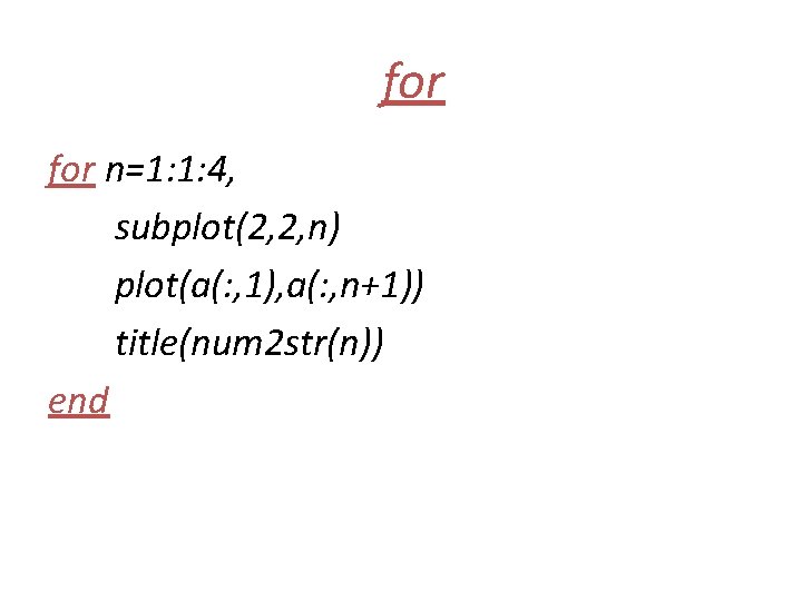 for n=1: 1: 4, subplot(2, 2, n) plot(a(: , 1), a(: , n+1)) title(num for n=1: 1: 4, subplot(2, 2, n) plot(a(: , 1), a(: , n+1)) title(num