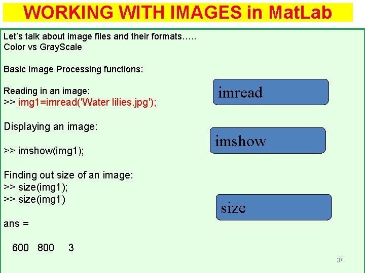 WORKING WITH IMAGES in Mat. Lab Let’s talk about image files and their formats…. WORKING WITH IMAGES in Mat. Lab Let’s talk about image files and their formats….