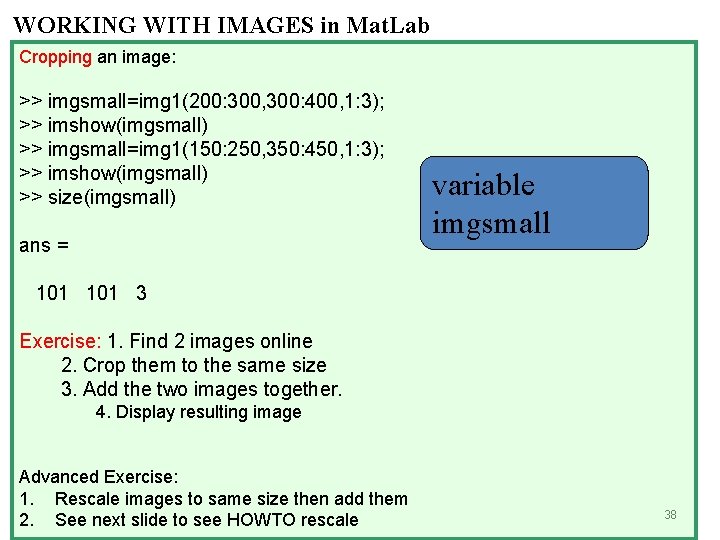WORKING WITH IMAGES in Mat. Lab Cropping an image: >> imgsmall=img 1(200: 300, 300: WORKING WITH IMAGES in Mat. Lab Cropping an image: >> imgsmall=img 1(200: 300, 300: