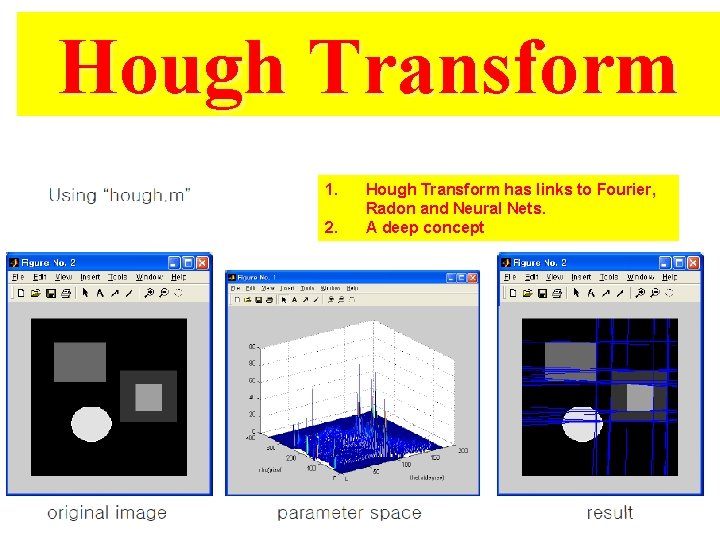 Hough Transform 1. 2. Hough Transform has links to Fourier, Radon and Neural Nets. Hough Transform 1. 2. Hough Transform has links to Fourier, Radon and Neural Nets.