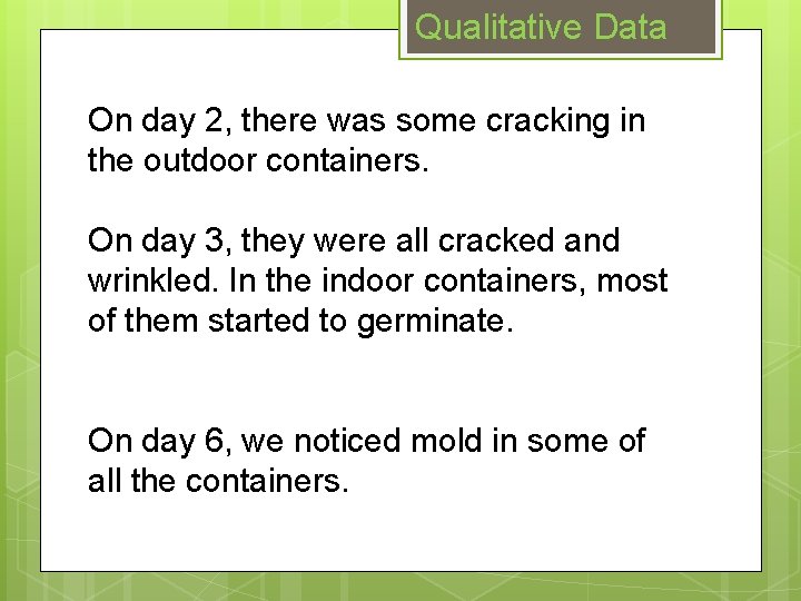 Qualitative Data On day 2, there was some cracking in the outdoor containers. On