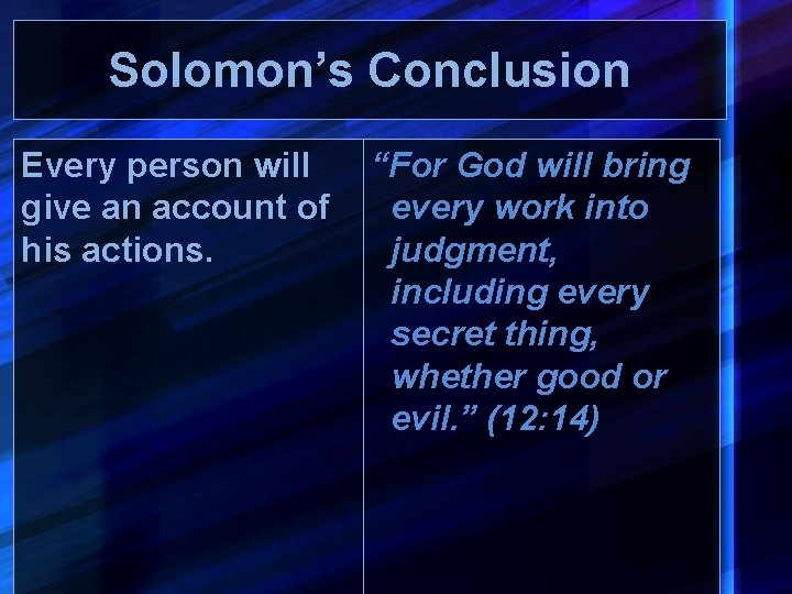 Solomon’s Conclusion Every person will give an account of his actions. “For God will