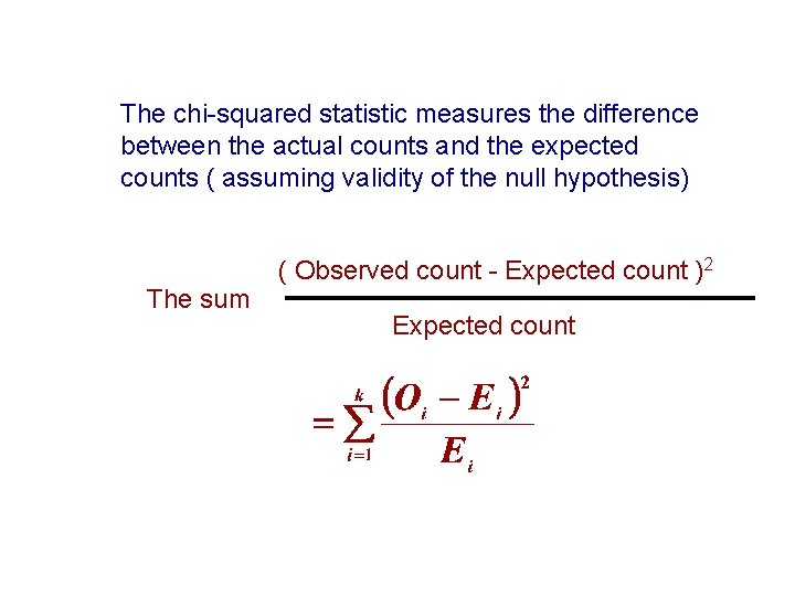 The chi-squared statistic measures the difference between the actual counts and the expected counts