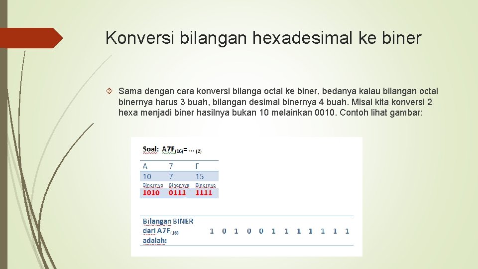 Konversi bilangan hexadesimal ke biner Sama dengan cara konversi bilanga octal ke biner, bedanya