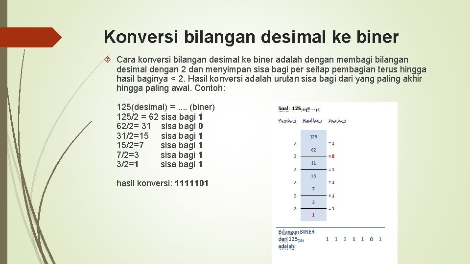 Konversi bilangan desimal ke biner Cara konversi bilangan desimal ke biner adalah dengan membagi