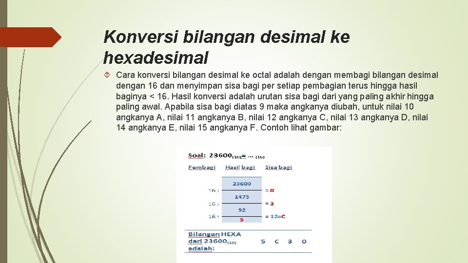 Konversi bilangan desimal ke hexadesimal Cara konversi bilangan desimal ke octal adalah dengan membagi