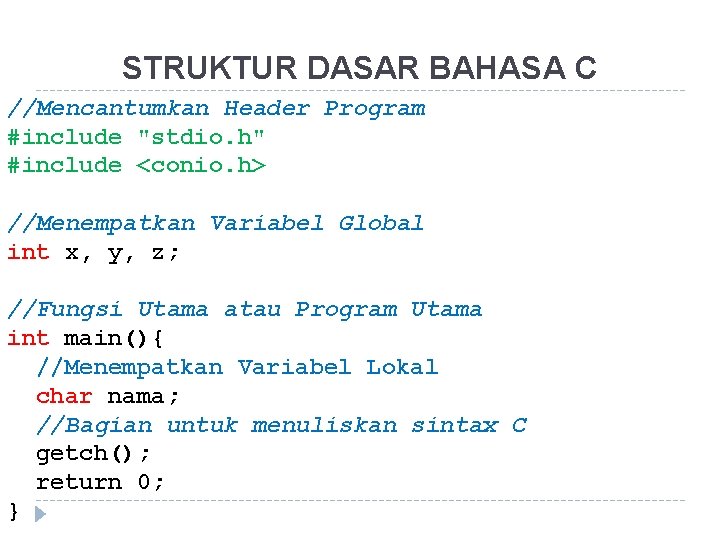 STRUKTUR DASAR BAHASA C //Mencantumkan Header Program #include "stdio. h" #include <conio. h> //Menempatkan