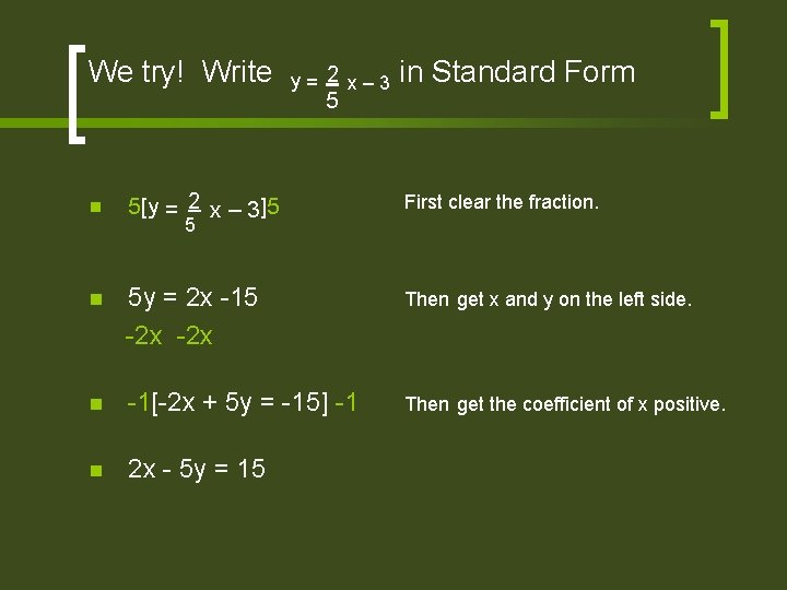 We try! Write y= 2 x– 3 5 in Standard Form 5[y = 2