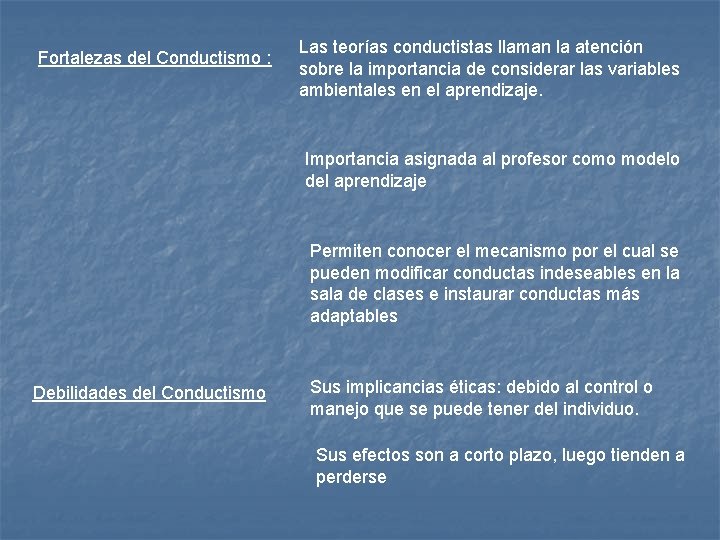 Fortalezas del Conductismo : Las teorías conductistas llaman la atención sobre la importancia de