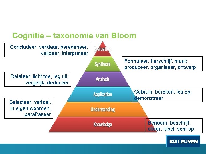 Cognitie – taxonomie van Bloom Concludeer, verklaar, beredeneer, valideer, interpreteer Formuleer, herschrijf, maak, produceer,