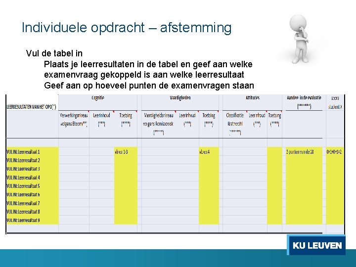 Individuele opdracht – afstemming Vul de tabel in Plaats je leerresultaten in de tabel