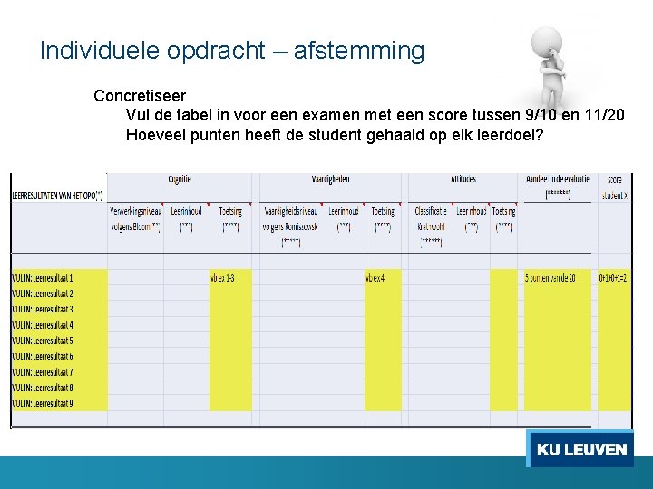 Individuele opdracht – afstemming Concretiseer Vul de tabel in voor een examen met een