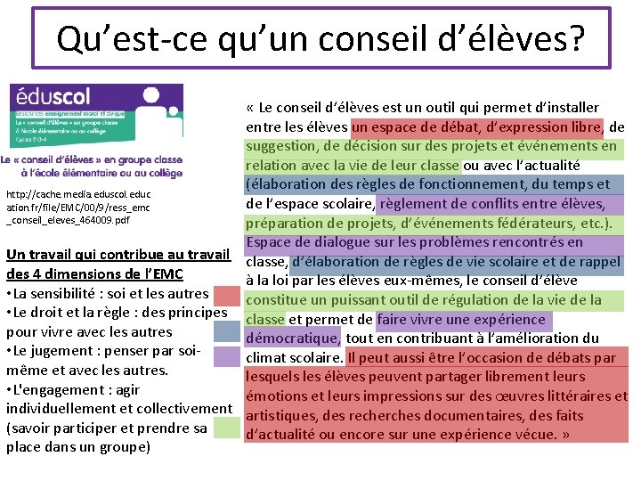 Qu’est-ce qu’un conseil d’élèves? « Le conseil d’élèves est un outil qui permet d’installer