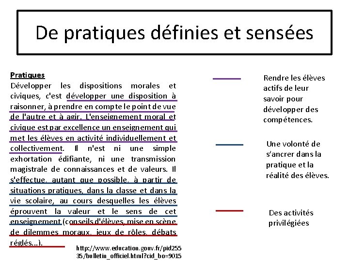 De pratiques définies et sensées Pratiques Développer les dispositions morales et civiques, c'est développer
