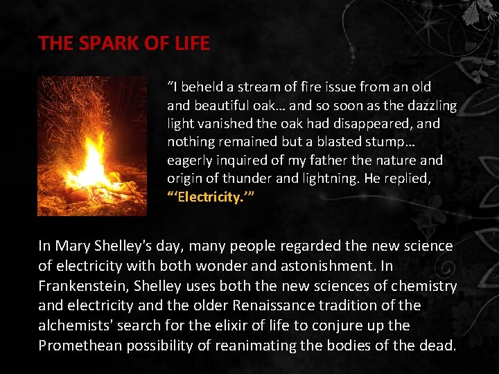 THE SPARK OF LIFE “I beheld a stream of fire issue from an old