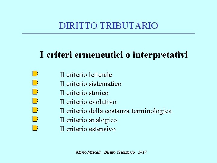 DIRITTO TRIBUTARIO ________________________________________________________________________ I criteri ermeneutici o interpretativi Il criterio letterale Il criterio sistematico