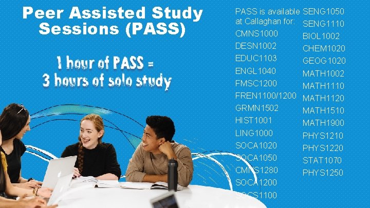 Peer Assisted Study Sessions (PASS) PASS is available SENG 1050 at Callaghan for: SENG