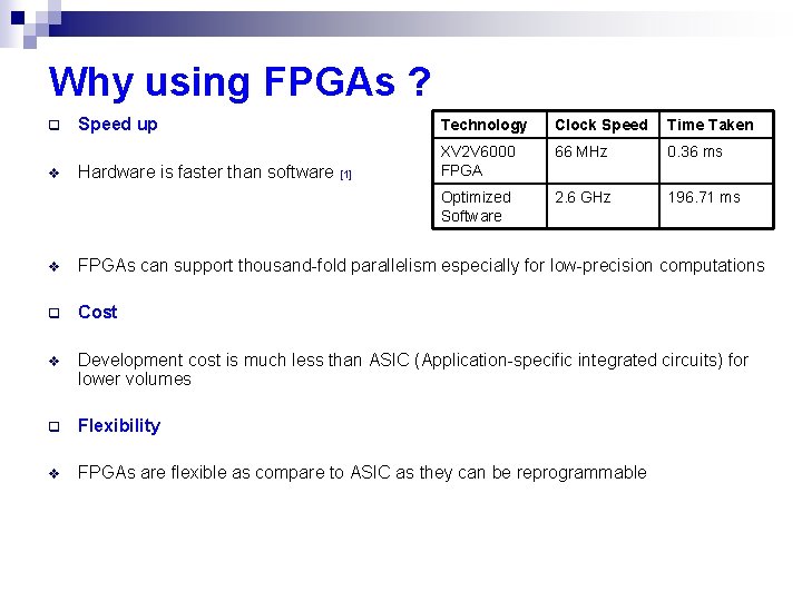 Why using FPGAs ? q v Speed up Technology Clock Speed Time Taken 66