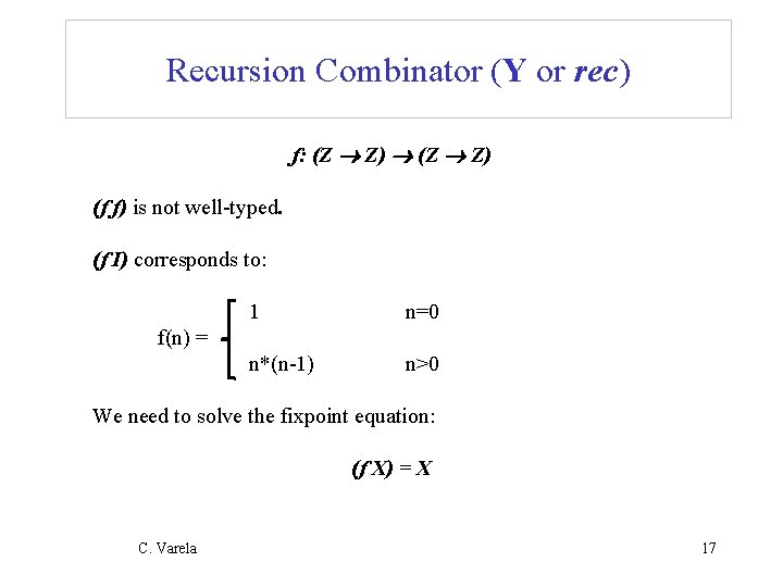 Recursion Combinator (Y or rec) f: (Z Z) (f f) is not well-typed. (f