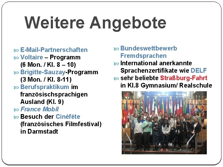 Weitere Angebote E-Mail-Partnerschaften Voltaire – Programm (6 Mon. / Kl. 8 – 10) Brigitte-Sauzay-Programm