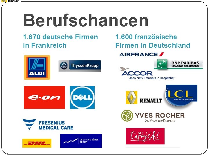 Berufschancen 1. 670 deutsche Firmen in Frankreich 1. 600 französische Firmen in Deutschland 