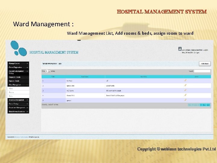 HOSPITAL MANAGEMENT SYSTEM Ward Management : Ward Management List, Add rooms & beds, assign
