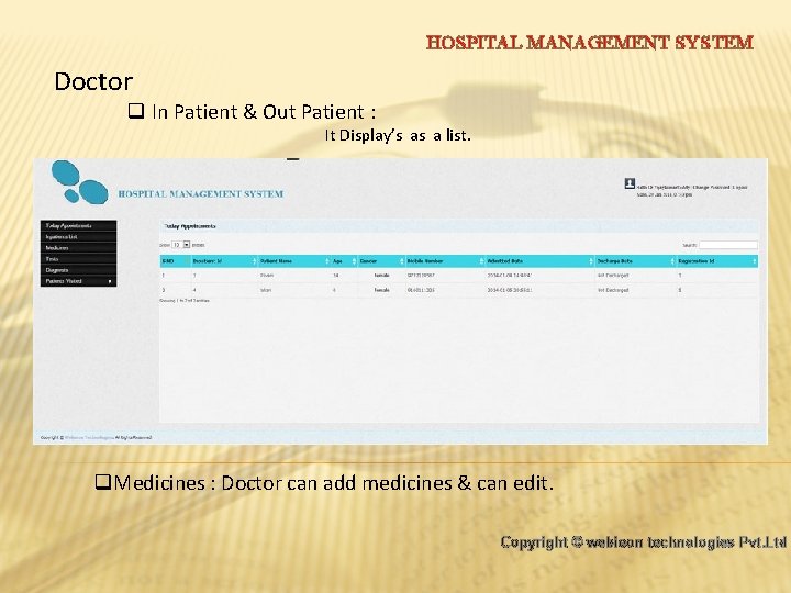 HOSPITAL MANAGEMENT SYSTEM Doctor q In Patient & Out Patient : It Display’s as