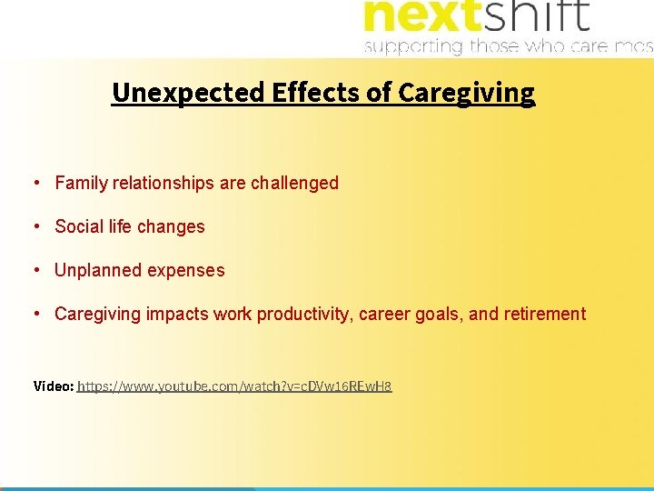 Unexpected Effects of Caregiving • Family relationships are challenged • Social life changes •