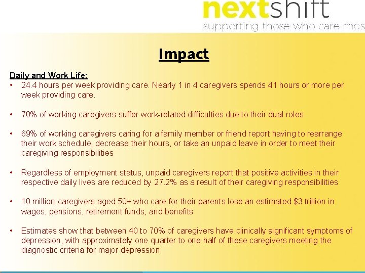 Impact Daily and Work Life: • 24. 4 hours per week providing care. Nearly
