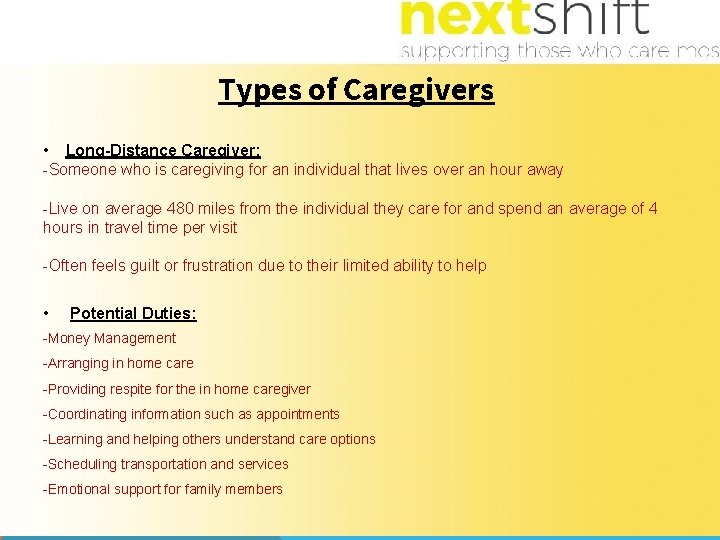 Types of Caregivers • Long-Distance Caregiver: -Someone who is caregiving for an individual that