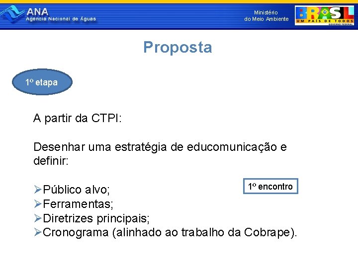 Ministério do Meio Ambiente Proposta 1º etapa A partir da CTPI: Desenhar uma estratégia