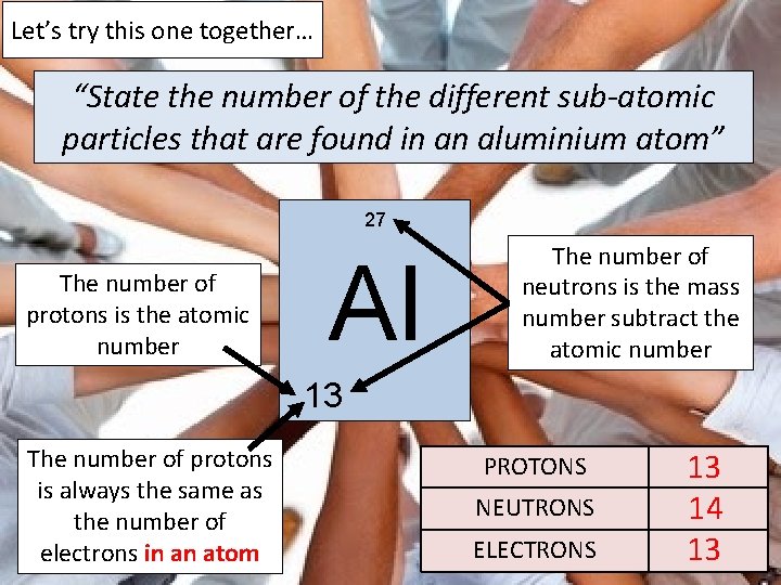 Let’s try this one together… “State the number of the different sub-atomic particles that