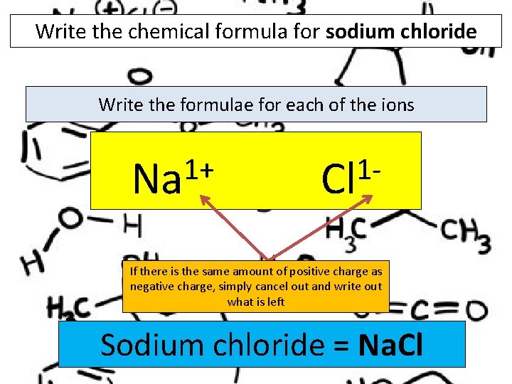 Write the chemical formula for sodium chloride Write the formulae for each of the