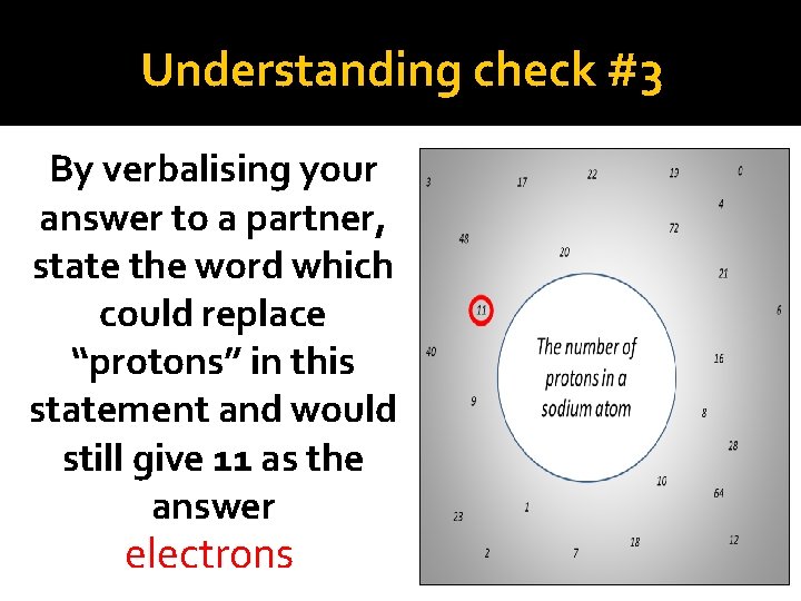 Understanding check #3 By verbalising your answer to a partner, state the word which