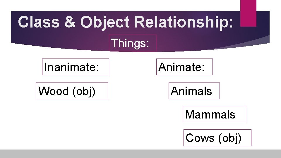 Class & Object Relationship: Things: Inanimate: Wood (obj) Animate: Animals Mammals Cows (obj) 