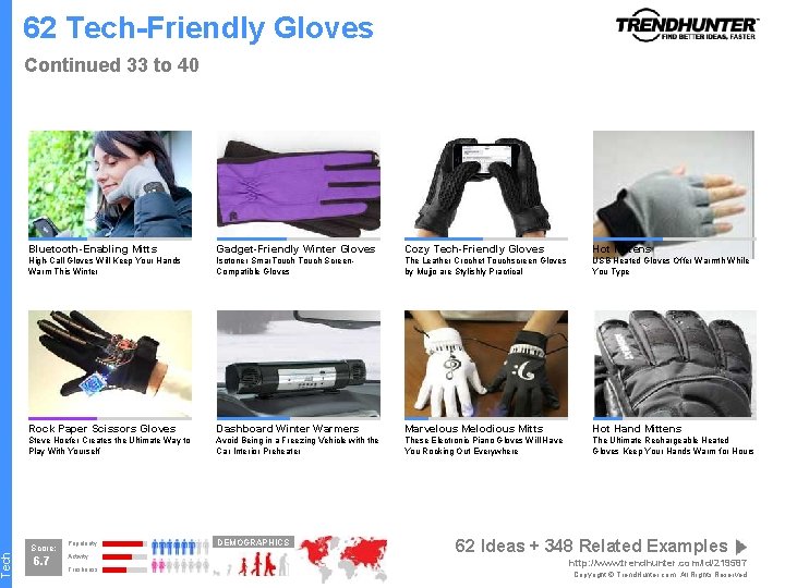 Tech 62 Tech-Friendly Gloves Continued 33 to 40 Bluetooth-Enabling Mitts Gadget-Friendly Winter Gloves Cozy