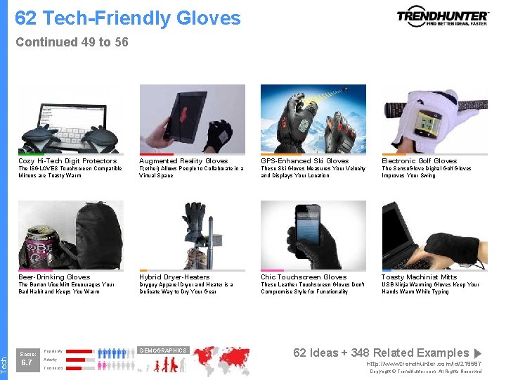 Tech 62 Tech-Friendly Gloves Continued 49 to 56 Cozy Hi-Tech Digit Protectors Augmented Reality