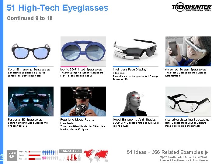 Tech 51 High-Tech Eyeglasses Continued 9 to 16 Color-Enhancing Sunglasses Iconic 3 D-Printed Spectacles
