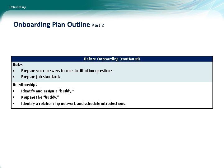 Onboarding Plan Outline Part 2 Before Onboarding (continued) Roles Prepare your answers to role