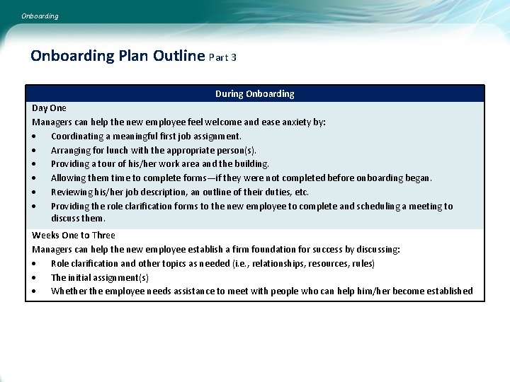 Onboarding Plan Outline Part 3 During Onboarding Day One Managers can help the new