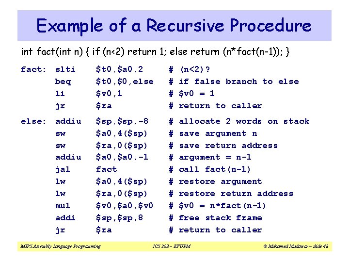 Example of a Recursive Procedure int fact(int n) { if (n<2) return 1; else Example of a Recursive Procedure int fact(int n) { if (n<2) return 1; else