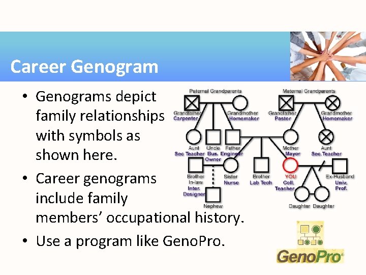 Career Genogram • Genograms depict family relationships with symbols as shown here. • Career