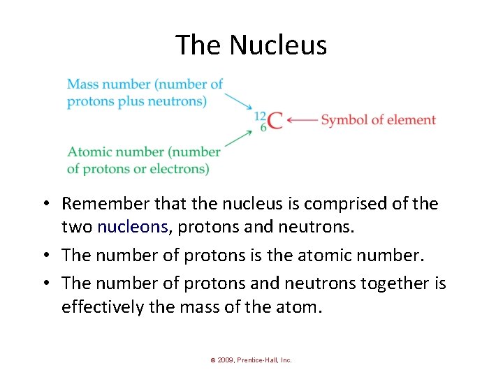 The Nucleus • Remember that the nucleus is comprised of the two nucleons, protons