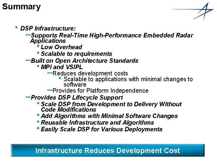 Summary • DSP Infrastructure: –Supports Real-Time High-Performance Embedded Radar Applications • Low Overhead •