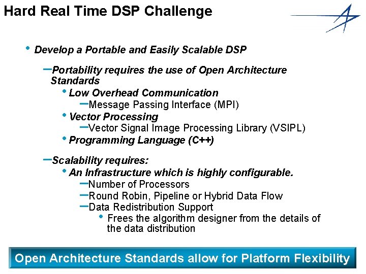 Hard Real Time DSP Challenge • Develop a Portable and Easily Scalable DSP –Portability